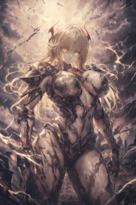 abstract, 1 female demon, succubus, metal bodysuits armor, (lightning:1.3), (thunder:1.3), yellow eyes, long hair, blonde hair, cowboy shot, (clouds), extremely muscular, dynamic angel, large breasts,