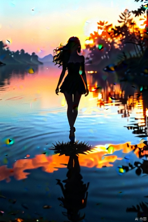 1girl, solo, miniskirt, long hair, floating hair, high heels,  (silhouette in the dark, black figure), (vaguely saw a hazy figure), sunset, lake, reflective light, Volumetric light