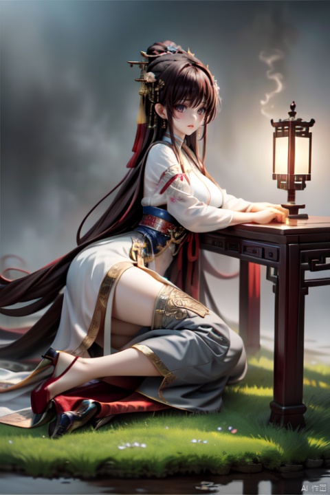 masterpiece, best quality,simple background, (grey background:1.4), Micro landscape, BREAK, ker,1girl,solo,long hair,brown hair, full body,dynamic angle, (breasts:0.8), available light, [grass|peach blossom|peach tree], chinese bench, chang,
