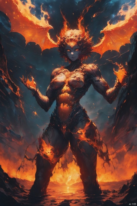 masterpiece,(best quality),highlyd etailed,ultra-detailed,fiery,(1girl),demon girl,koran doll like, succubus,muscular female,abs,super model body shape,flame-covered body,fiery hair,standing on a volcano crater,(intense gaze),(dramatic lighting),(red and orange color palette),cowboy_shot,(volcano:1.2),(winged demon:1.3),(fire emoting from her hands:1.1),breasts,