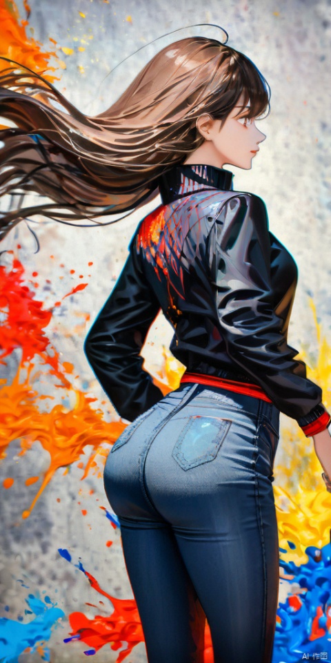 abstract, oil painting, masterpiece, best quality, 8k, 1girl, (color splash), profile, cowboy shot, long hair, brown hair, floating hair, jacket, tight jeans, (ass), narrow waist, slim legs, slim body, (painting splash), 