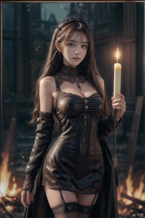 1girl,solo,(oil painting:1.3),long hair,brown hair,hair_bobbles,eye-contact,thighhighs,(garter-velvet lace shirt:1.2),leather black mittens,leather miniskirt,narrow waist,(smile:0.8),cowboy shot,(gothic:1.2),medieval,dark,dungeon,(bonfire:1.2),(fire:1.2),(dim light:1.1),(ray tracing:1.1),