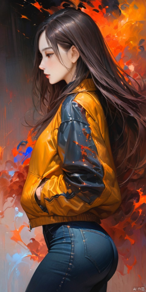abstract, oil painting, masterpiece, best quality, 8k, 1girl, realistic, profile, upper body, long hair, jacket, tight jeans, ass, narrow waist, wide hip, 