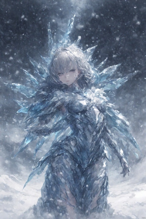  (abstract:1.3), 1 female demon, succubus, clear face, strong body, (transparent ice crystal armor:1.3), (snow storm:1.5), (blizzard:1.5), (ice), (snow:1.3), cyclone, white eyes, long hair, silver hair, (cowboy shot:1.2), mountain, mountain top, dynamic angle, (elegant pose), breats, muscular,