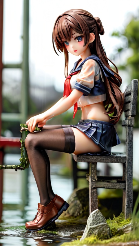  ker,,1girl,solo,dynamic angle,brown hair,long hair,wet hair, full body,prospect,sailor_shirt,pleated_skirt,black_thighhighs,(wet clothes:1.2),sitting,on park bench,rain,tuzhate,park,night,moon,,, masterpiece, best quality