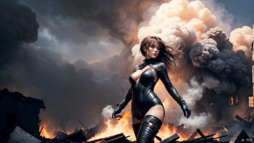 ker,1girl,solo,realistic,light brown hair,long hair,messy hair,(leather bodysuit:1.1),leather miniskirt, (cow-boy shot:1.2),available light,rim light,ray tracing,tears,angry,cinematic_angle,dynamic_angle,breasts,,((destroyed)),explosion, buildings in disarray, The residual eaves DuanBi, cumulus, mouldy, floating, wind, Dead end machine, in the rubble of a devastated city,beautiful detailed glow, floating ashes, beautiful and detailed explosion, red moon, fire, fire cloud, wings on fire, a cloudy sky, smoke of gunpowder, burning, black dress, dove of peace, (floating cloud:1.2), 