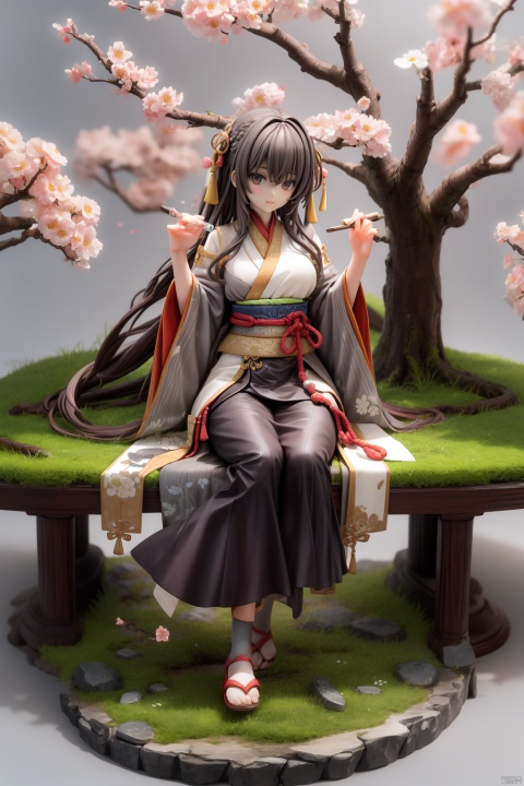 masterpiece, best quality,(simple background:1.2), (grey background:1.4), figma, tilt-shift, Micro landscape, blossoms,tree,chinese pavilion, chinese bench, chang,BREAK, ker,1girl,solo,long hair,brown hair, full body,dynamic angle, hanfu, (breasts:0.8), available light,