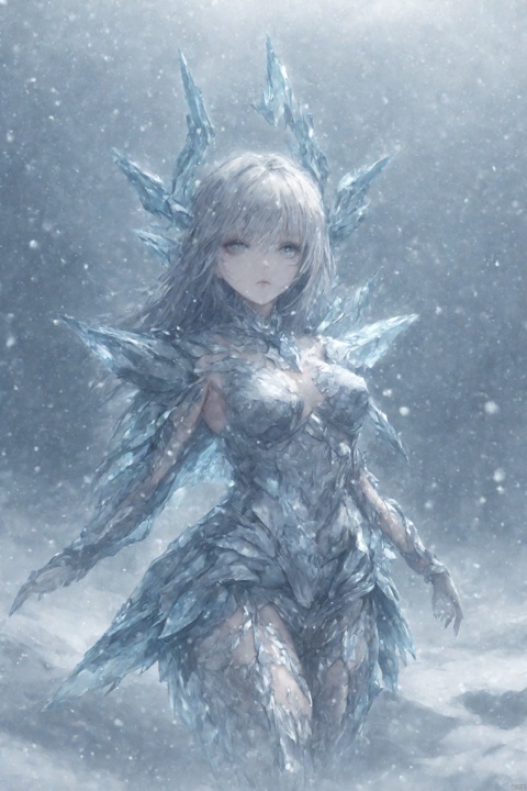  (abstract:1.3), 1 female demon, succubus, clear face, strong body, (transparent ice crystal armor:1.3), (snow storm:1.5), (blizzard:1.5), (ice), (snow:1.3), white eyes, long hair, silver hair, (cowboy shot:1.2), mountain, mountain top, dynamic angle, (elegant pose), breats, muscular,