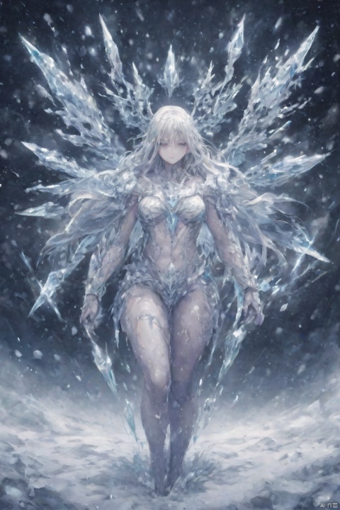  (abstract:1.3), 1 female demon, succubus, (full body crystal armor), (blizzard:1.3), (strom:1.3), crystal, (snow flakes), white eyes, long hair, silver hair, (cowboy shot:1.2), snow moutain, extremely muscular, dynamic angel,