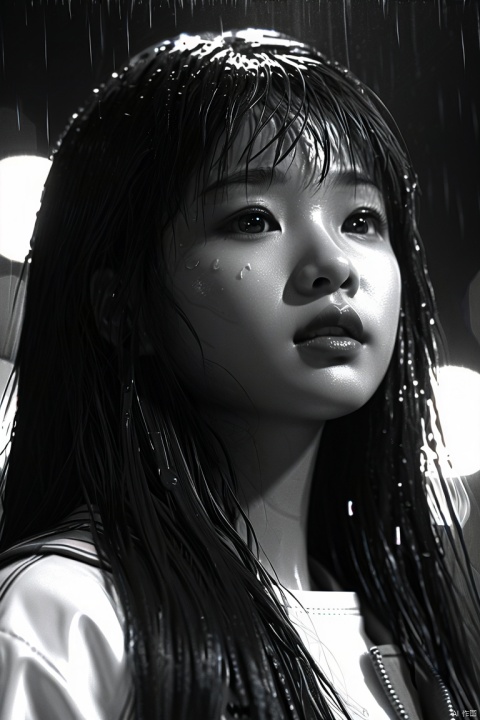 black and white, photorelistic, 1girl, asian doll like, (extrem close up), full lips, long hair, brown hair, messy hair, bangs, small raining, wet hair, wet face, ultra detailed, ultra detailed skin, city, night, street, cinematic light, ray tracing, dynamic angle, looking at far away, shadow, dim light, 