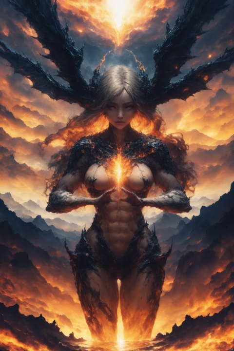 masterpiece,(best quality),highlyd etailed,ultra-detailed,fiery,(1girl),demon girl,koran doll like, succubus,muscular female,abs,super model body shape,flame-covered body,(fiery hair),standing on a volcano crater,(intense gaze),(dramatic lighting),(red and orange color palette),cowboy_shot,(volcano:1.2),(winged demon:1.3),(fire emoting from her hands:1.1),breasts,long hair, realistic