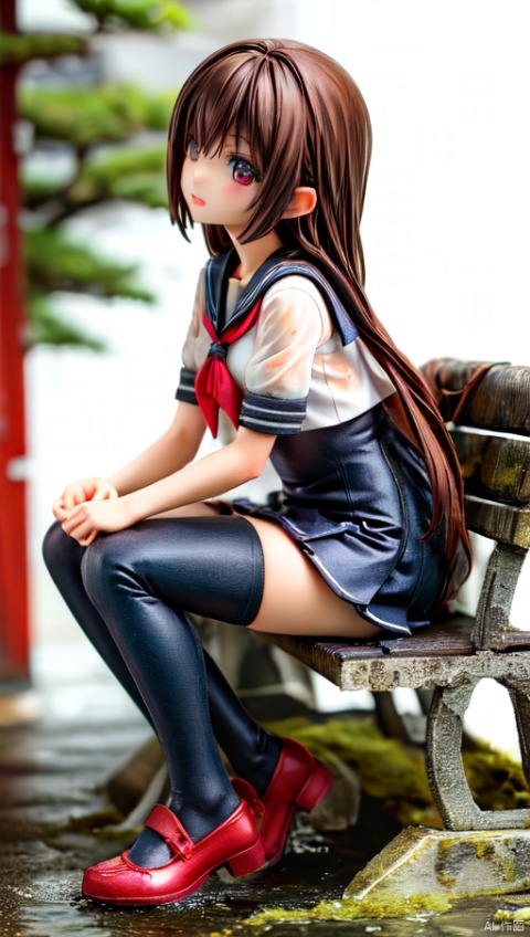  ker,1girl,solo,dynamic angle,brown hair,long hair,wet hair, full body,prospect,sailor_shirt,pleated_skirt,black_thighhighs,wet clothes,sitting,on park bench,rain,park,(simple background:1.1),masterpiece, best quality