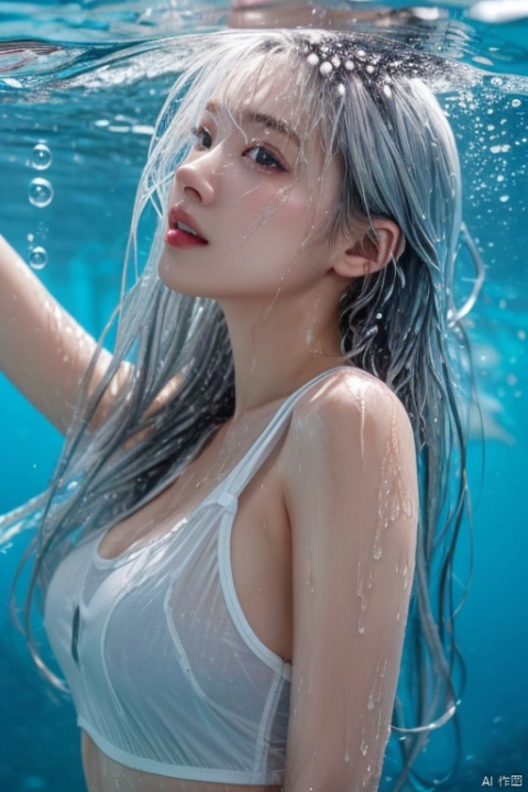 ker, 1girl, solo, taq, long hair, (silver hair:1.1) upper body, milky skin, under water,wet hair, wet clothes, air bubbles 