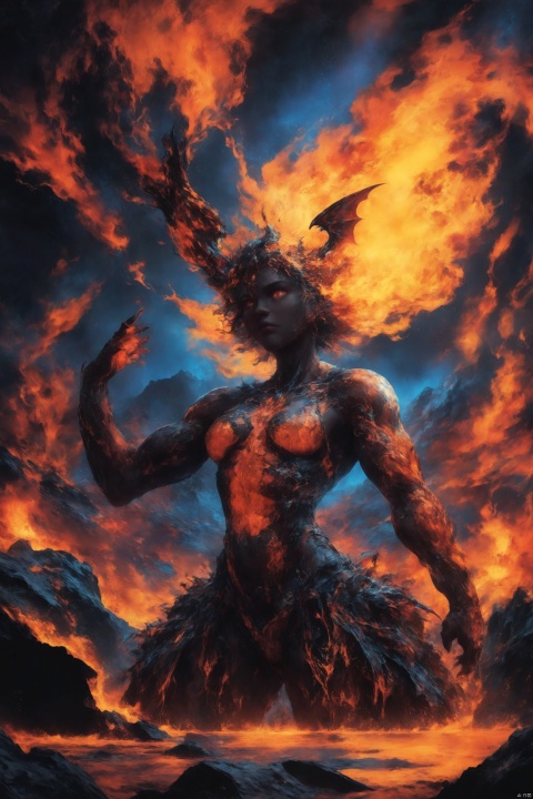 masterpiece,(best quality),highlyd etailed,ultra-detailed,fiery,(1girl),demon girl,koran doll like, succubus,muscular female,abs,super model body shape,flame-covered body,(fiery hair),standing on a volcano crater,(intense gaze),(dramatic lighting),(red and orange color palette:1.2),cowboy_shot,(volcano:1.2),(winged demon:1.3),(fire emoting from her hands:1.1),breasts,long hair,covered_nipple,(fiery bra:1.3),abstract,realistic,brown skin,narrow waist
