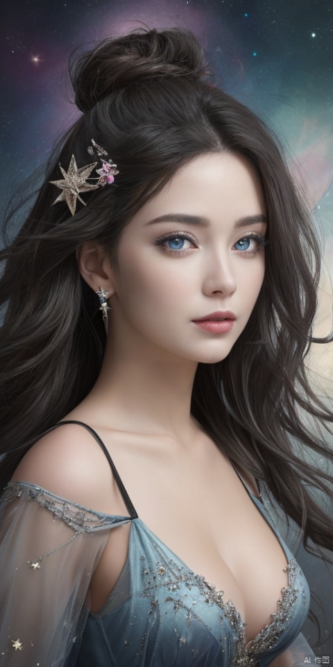  1girl, dance,hand,Fairy, crystal, jewels,black, Crystal clear,solo, long hair, looking at viewer,black hair,jewelry, earrings,lips, makeup, portrait, eyeshadow, realistic, nose,{{best quality}}, {{masterpiece}}, {{ultra-detailed}}, {illustration}, {detailed light}, {an extremely delicate and beautiful}, a girl, {beautiful detailed eyes}, stars in the eyes, messy floating hair, colored inner hair, Starry sky adorns hair, depth of field, large breasts,cleavage,zj,