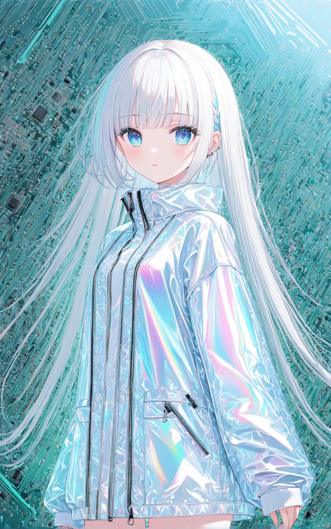  (masterpiece), (best quality),Best quality,masterpiece,transparent color PVC clothing,transparent color vinyl clothing,prismatic,holographic,chromatic aberration,fashion illustration,masterpiece,girl with harajuku fashion,long white hair, blue eyes, looking at viewer,8k,ultra detailed,pixiv,电路板Circuit board