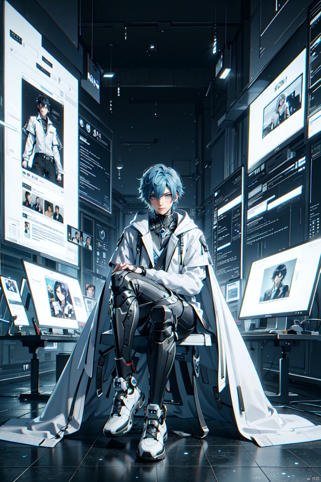  1 boy. Blue hair, futuristic cape, solo, looking at the audience, hair between eyes, smile, blue eyes, stand up jacket, male focus, white and black short jacket, science fiction, book, desk lamp, floating holographic screen, mechanical leg guards, (sitting: 1.2), sports shoes, starry sky, aurora borealis outside the window, cyberpunk

, Aso, machinery, Cyberpunk Concept