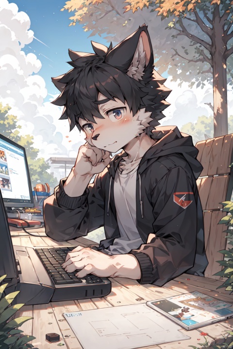  1Boy,aged down,correct body structure,outdoor,shy,detail eyes, shota, furry,Playing computer games
