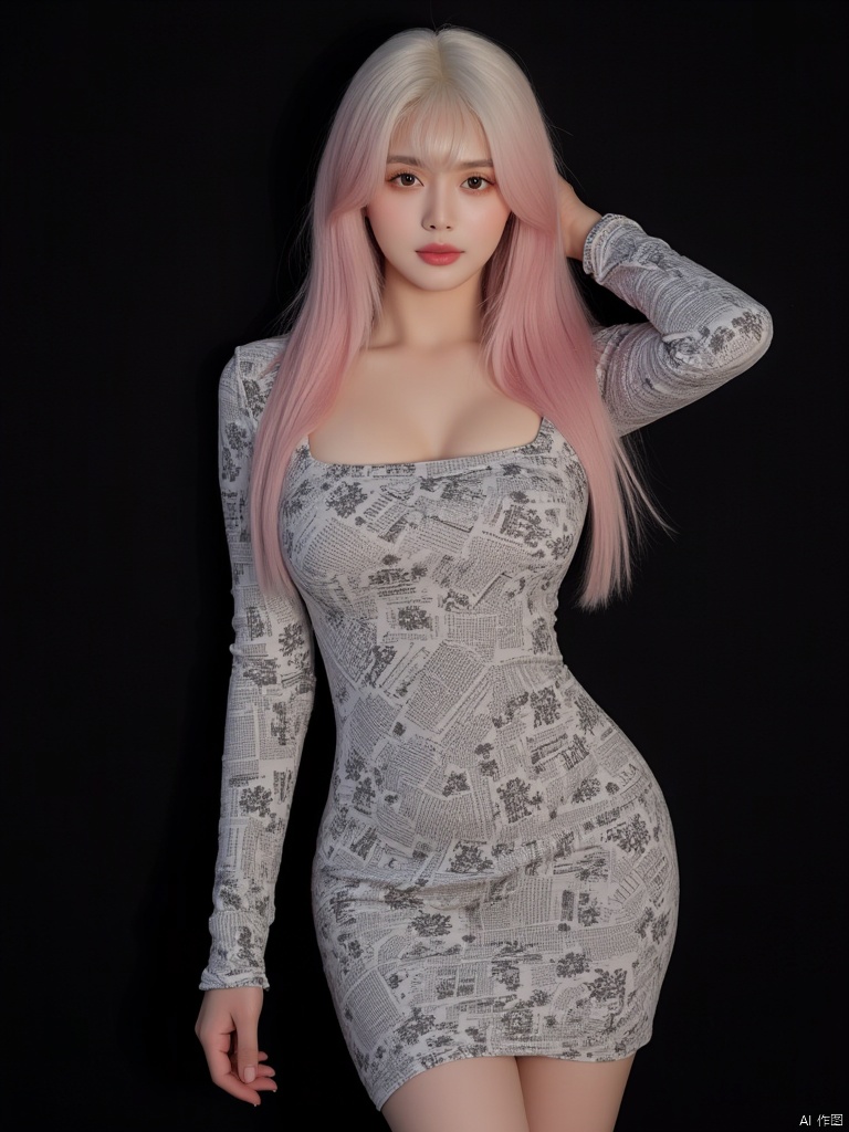 This is a high-resolution portrait of a modern style, featuring a young woman. She is wearing a tight dress printed with dense fiower pattern the pattern of which resembles a newspaper. Her hair is pink, falling over her shoulders, and she has one hand resting on the back of her head while the other hangs naturally by her side. Her eyes are fixed on the camera, and her expression is calm. She appears to be between the ages of 20 and 30, Low cut outfit, medium breast size, slim in figure, with delicate features, and fair skin. Her eyes are brown, and her lips are tinted with a subtle shade of red lipstick. Her hair falls to her shoulders, with a deep white color, styled in loose waves without bangs. The background is dark, giving a mysterious feel.,1girl