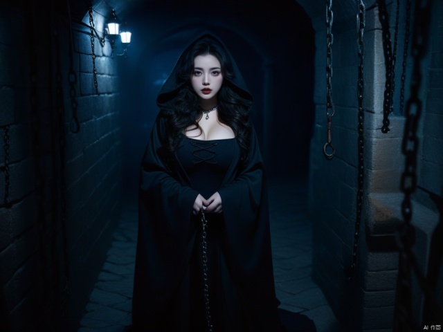  The dark ages,ancient times,wizarding world,effect,1girl,low key,witch,long hair,in the dark,face in the dark,huge breasts,wearing black classic robe with hood,lipstick,curly hair,realistic,night,nighttime,late at night,deep in the night,dimly,ghastly,spooky,in the castle basement,chains handing everywhere in basement,chinese,imprison,iron chains,looking at the viewer,caught in iron chains,she was on her knees