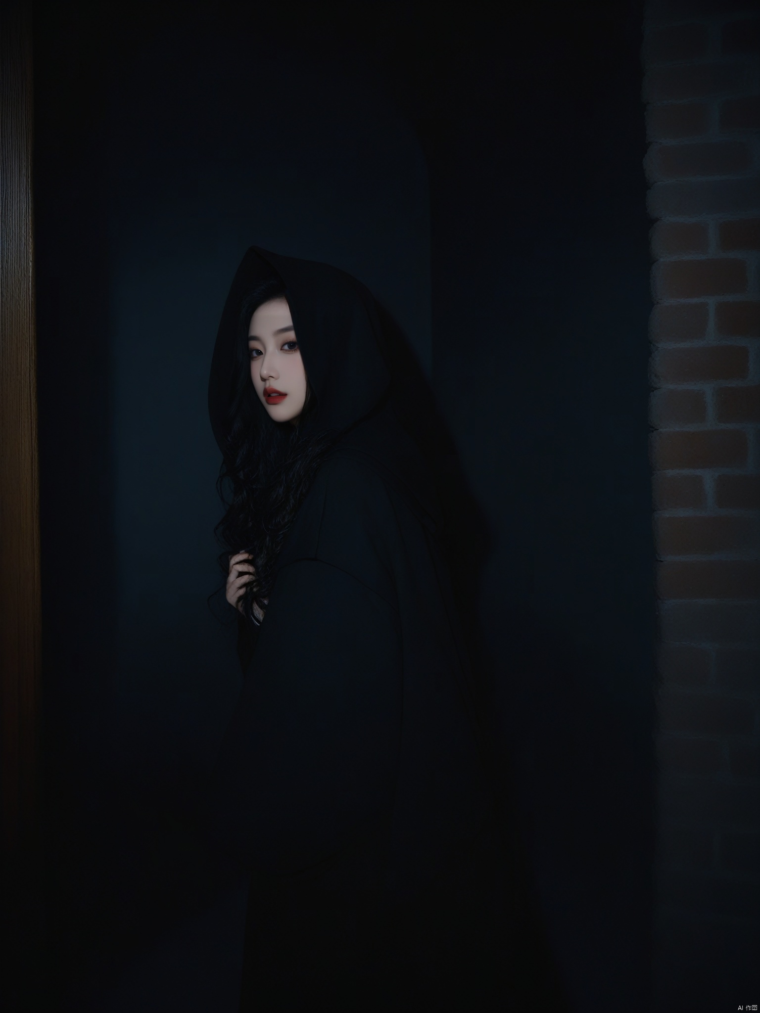 The dark ages,ancient times,wizarding world,1girl,low key,witch,long hair,in the dark,huge breasts,dressed in a black classic robe with hood,lipstick,parted lips,curly hair,realistic,night,nighttime,late at night,deep in the night,dimly,in the church,chinese,against wall,close to viewer