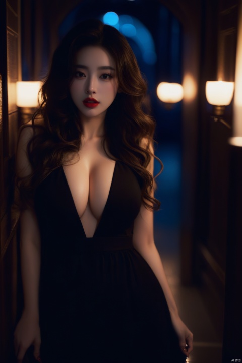  The dark ages,ancient times,low key,1girl,long hair,in the dark,face in the dark,huge breasts,looking at viewer,parted lips,solo,deep V black dress,lips,black gloves,makeup,wavy hair,lipstick,curly hair,realistic,nose,redlips,night,night city,nighttime,indoors,full body,in dimly castle corridor,nsfw,chinese,drunk,dimly,candle