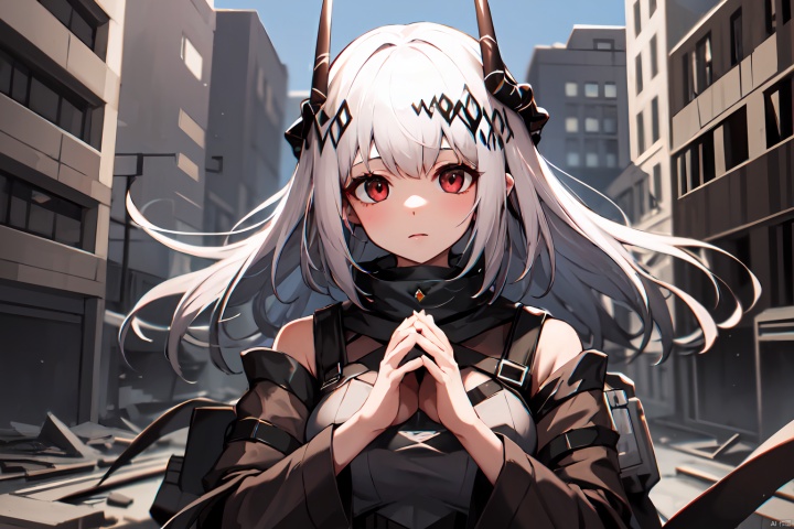 Mudrock , Arknights, standard outfit, Nice hands, perfect hands, perfect face, (detailed face), ultra hd, masterpiece, best quality, 1 girl, in flak armor, (in an abandoned city)