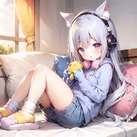 cat girl, solo, gloves, fluffy clothes, pants, sweater, sleeves, socks, slippers, pastel colors, (purple, blue, pink, yellow), cozy, dreamy, stars, stickers, bubbles, glitter, sparkles, plushies, headphones