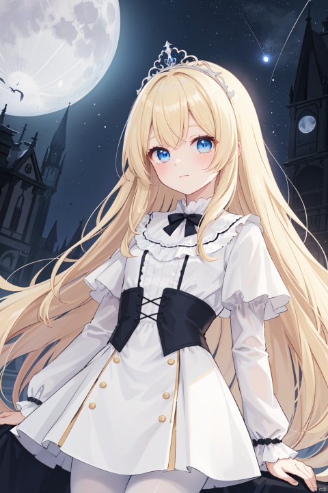 masterpiece, best quality, illustration, upper body, Gothic dress, cute face, lonely, night sky with stars and moon, 1girl, solo, Calca, Calca Bessarez, blonde hair, extremely long hair, very long hair, white tiara, white dress, blue eyes, medium chest, white pantyhose
