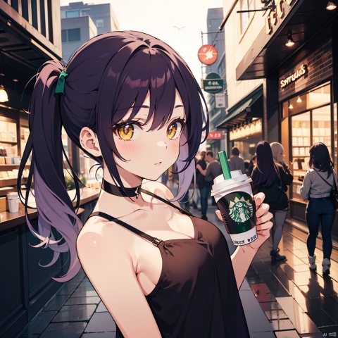 ((masterpiece)), ((best quality)), ray tracing, cute girl holding a starbucks coffee, 1girl, (purple hair), long hair, twin tails, (yellow eyes), detailed pupil, (beautiful detailed eyes), blush, cute face, black choker, (white top), thin straps, sleeveless, dynamic pose, holding starbucks coffee with both hands, detailed scenery, depth of field, outdoors, city, starbucks shop, dynamic angle, (vibrant colors), (volumetric lighting), elaborate features, extremely detailed face, extremely detailed eyes, (perfect hands), (((beautiful))), (perfect body), (perfect anatomy), more_details:-1, more_details:1.5