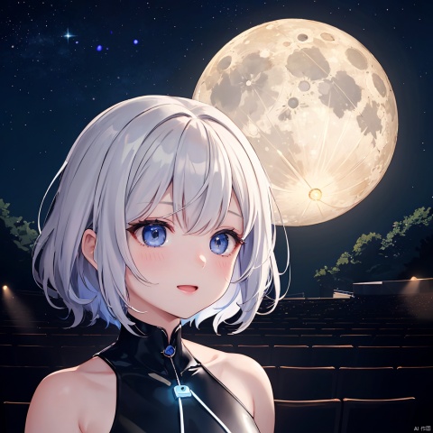 beautiful_hair,odd_eye,beautiful_eyes,IRyS,1_beautiful_girl,cute_face,beautiful_face,beautiful,best_quality,good_anatomy,moon,night,moonlight,beautiful starry sky,show on the stage,light up on the stage,Excited 100 audiences,dark room