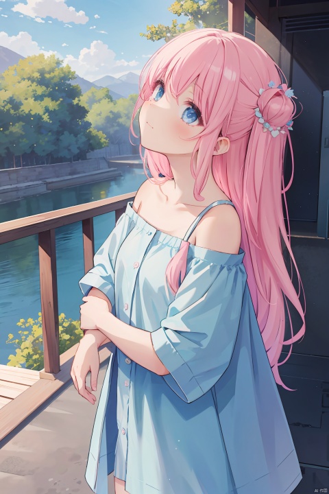 1girl,long hair,pink color hair,arrange hair,girly outfit coordinate,I like young ladies,Healing girl,beauty girl,short stature woman,face up,oversized shirt, shirt, off shoulder,blue theme, scenery, phblue