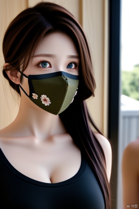 1girl,solo,best quality, masterpiece,looking at viewer,breasts,indoors,black eyes,black three-dimensional mask,high ponytail,light brown hair,long hair,(black mouth mask),outdoors,black hair,selfie,realistic,day,breasts,cleavage,open clothes,open shirt,floral print,blurry,indoors,covered mouth,bare shoulders,(black three-dimensional mask),