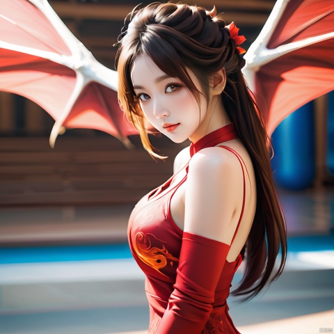  a dragon, beautiful and glamorous dragon with her back to the viewer, On the background of a gym with a large aperture bokeh, Her upper body gently turned to look at the audience, Charm is overflowing., It seems to attract people to the past, Particularly authentic style, MAJICMIX STYLE