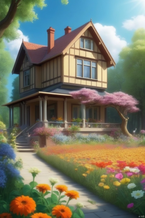 Big house, with a sense of time, flowers and trees, animals, sunshine, giving people a quiet feeling