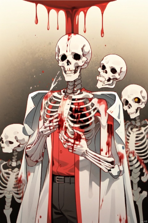 Skeleton groom, red and white, suit, surrounded by skeletons, food, horror, blood,boy,张奕,zhang yi, (\ji jian\)
