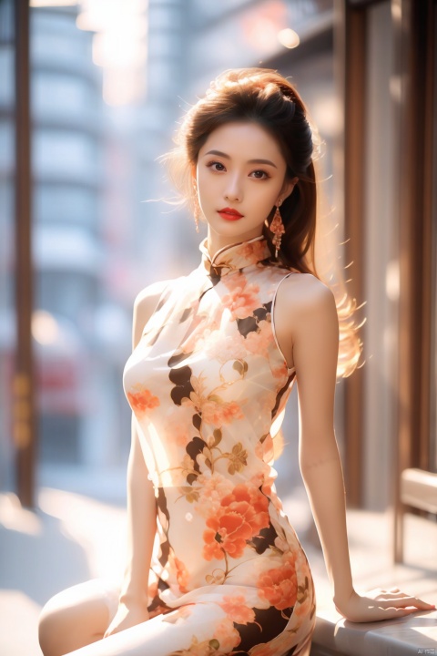  tyqp, 1girl, solo,lie down,bed,(full body) jewelry, earrings, dress, long hair, blurry, floral print, blurry background, sleeveless, brown eyes, looking at viewer, red lips, brown hair, indoors, black hair, arms at sides, sleeveless dress, breasts, china dress, chinese clothes, print dress, lips, white dress, upper body, xiqing,yuzu, shuijingxie,Black pantyhose,sit