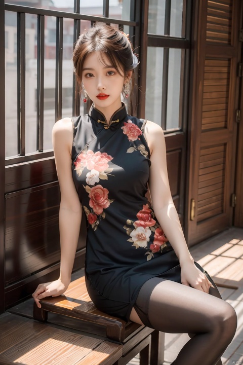  tyqp, 1girl, solo,(full body),sitting_down,jewelry, earrings, dress, long hair, floral print, sleeveless, indoor,brown eyes, looking at viewer, red lips, brown hair, black hair, sleeveless dress, breasts, china dress, chinese clothes, print dress, lips,, upper body, xiqing,yuzu,leg, shuijingxie,Black pantyhose, qipao