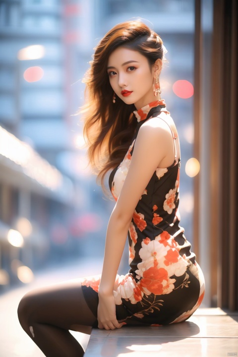  tyqp, 1girl, solo,Sitting,(full body) jewelry, earrings, dress, long hair, blurry, floral print, blurry background, sleeveless, brown eyes, looking at viewer, red lips, brown hair, outdoors, black hair, arms at sides, sleeveless dress, breasts, china dress, chinese clothes, print dress, lips, white dress, upper body, xiqing,yuzu, shuijingxie,Black pantyhose,sit