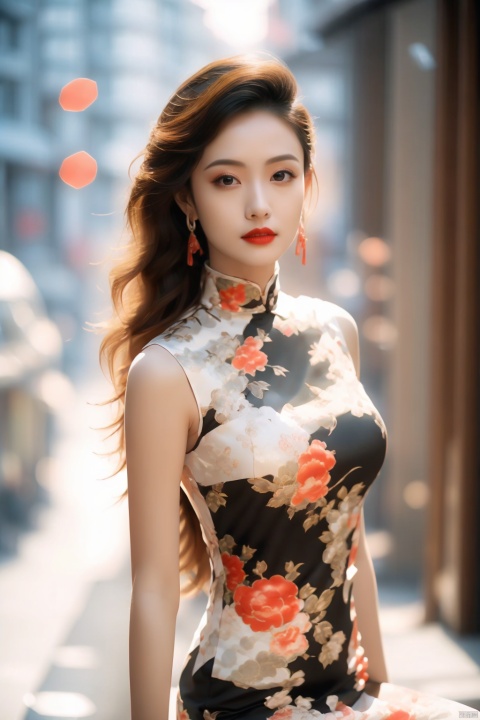  tyqp, 1girl, solo,Sitting, jewelry, earrings, dress, long hair, blurry, floral print, blurry background, sleeveless, brown eyes, looking at viewer, red lips, brown hair, outdoors, black hair, arms at sides, sleeveless dress, breasts, china dress, chinese clothes, print dress, lips, white dress, upper body, xiqing,yuzu, shuijingxie