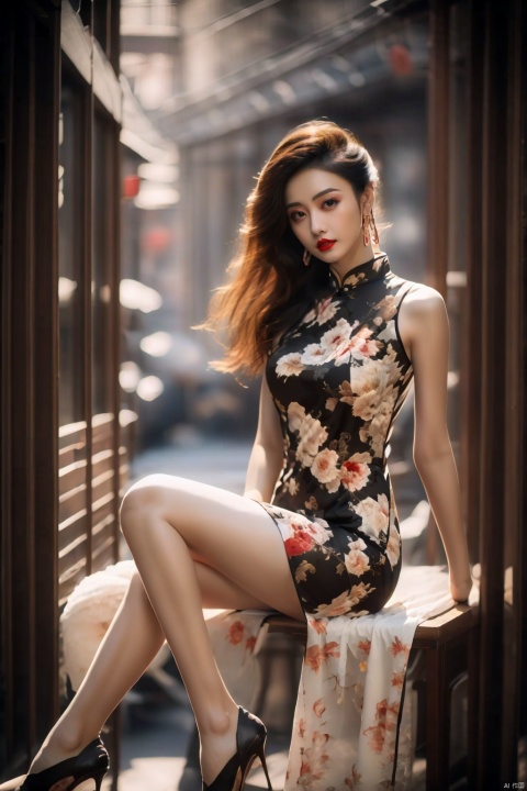  tyqp, 1girl, solo,(full body),sitting_down,jewelry, earrings, dress, long hair, floral print, sleeveless, indoor,brown eyes, looking at viewer, red lips, brown hair, black hair, sleeveless dress, breasts, china dress, chinese clothes, print dress, lips,, upper body, xiqing,yuzu,leg, shuijingxie,Black pantyhose, qipao