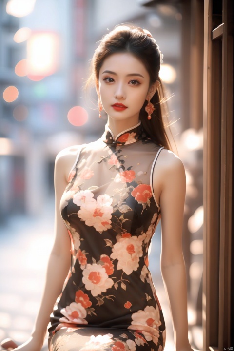  tyqp, 1girl, solo,Sitting, jewelry, earrings, dress, long hair, blurry, floral print, blurry background, sleeveless, brown eyes, looking at viewer, red lips, brown hair, outdoors, black hair, arms at sides, sleeveless dress, breasts, china dress, chinese clothes, print dress, lips, white dress, upper body, xiqing,yuzu, shuijingxie,Black pantyhose,sit