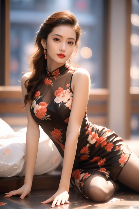  tyqp, 1girl, solo,lie down, bed_sheets,(full body) jewelry, earrings, dress, long hair, blurry, floral print, blurry background, sleeveless, brown eyes, looking at viewer, red lips, brown hair, indoors, black hair,  sleeveless dress, breasts, china dress, chinese clothes, print dress, lips, white dress, upper body, xiqing,yuzu, Black pantyhose,legs_open