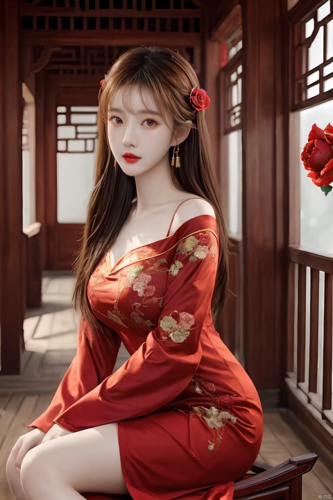  big boobs,Hide hands, Fashion photography portrait,close up portrait,Xiuhe,1girl\(solo,black long hair,jewelry,tassel,makeup,red lips,(Milky skin):1.2,(shiny skin):1.4,wearing embroidery traditional chinese red dress,long sleeves,wide sleeves,is surrounded by red rose and peony,sitting,(face to viewer,look at viewer):1.5,floating hair,indoor:1.4,(upper half body):1.8),Dynamic Angle,Perspective,
background\(pavilion,pool,Mahogany chair,ancient Chinese wooden architecture,Corridor bridge\),
Epic CG masterpiece,hdr,8K,ultra detailed graphic tension,stunning colors,surrealism,cinematic lighting effects,realism,super realistic,HD, 1girl, Light master, (\shuang hua\), wangyushan