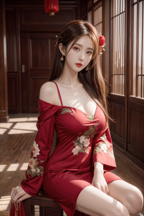  big boobs,Hide hands, Fashion photography portrait,close up portrait,Xiuhe,1girl\(solo,black long hair,jewelry,tassel,makeup,red lips,(Milky skin):1.2,(shiny skin):1.4,wearing embroidery traditional chinese red dress,long sleeves,wide sleeves,is surrounded by red rose and peony,sitting,(face to viewer,look at viewer):1.5,floating hair,indoor:1.4,(upper half body):1.8),Dynamic Angle,Perspective,
background\(pavilion,pool,Mahogany chair,ancient Chinese wooden architecture,Corridor bridge\),
Epic CG masterpiece,hdr,8K,ultra detailed graphic tension,stunning colors,surrealism,cinematic lighting effects,realism,super realistic,HD, 1girl, Light master, (\shuang hua\), wangyushan