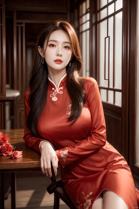 big boobs,Hide hands, Fashion photography portrait,close up portrait,Xiuhe,1girl\(solo,black long hair,jewelry,tassel,makeup,red lips,(Milky skin):1.2,(shiny skin):1.4,wearing embroidery traditional chinese red dress,long sleeves,wide sleeves,is surrounded by red rose and peony,sitting,(face to viewer,look at viewer):1.5,floating hair,indoor:1.4,(upper half body):1.8),Dynamic Angle,Perspective,
background\(pavilion,pool,Mahogany chair,ancient Chinese wooden architecture,Corridor bridge\),
Epic CG masterpiece,hdr,8K,ultra detailed graphic tension,stunning colors,surrealism,cinematic lighting effects,realism,super realistic,HD, 1girl, Light master, (\shuang hua\)