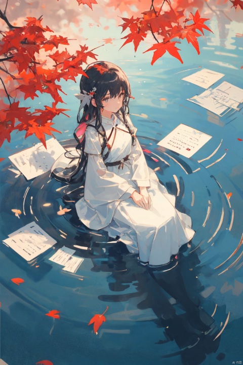  ((floating white papers, colorful ink splash)),maple leaves,feathers
, reflecction,ripple,rainy,1girl,(wide shot,panorama,full body,sitting on water surface,looking up,from above), backlight,