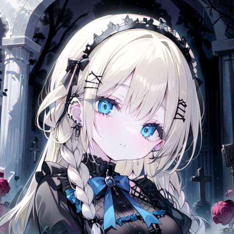  a girl, masterpiece, 8k, best quality, platinum blonde hair, intricate braided hairstyle, piercing blue eyes, gothic style, moonlit cemetery background, headshot, rose crown decorated