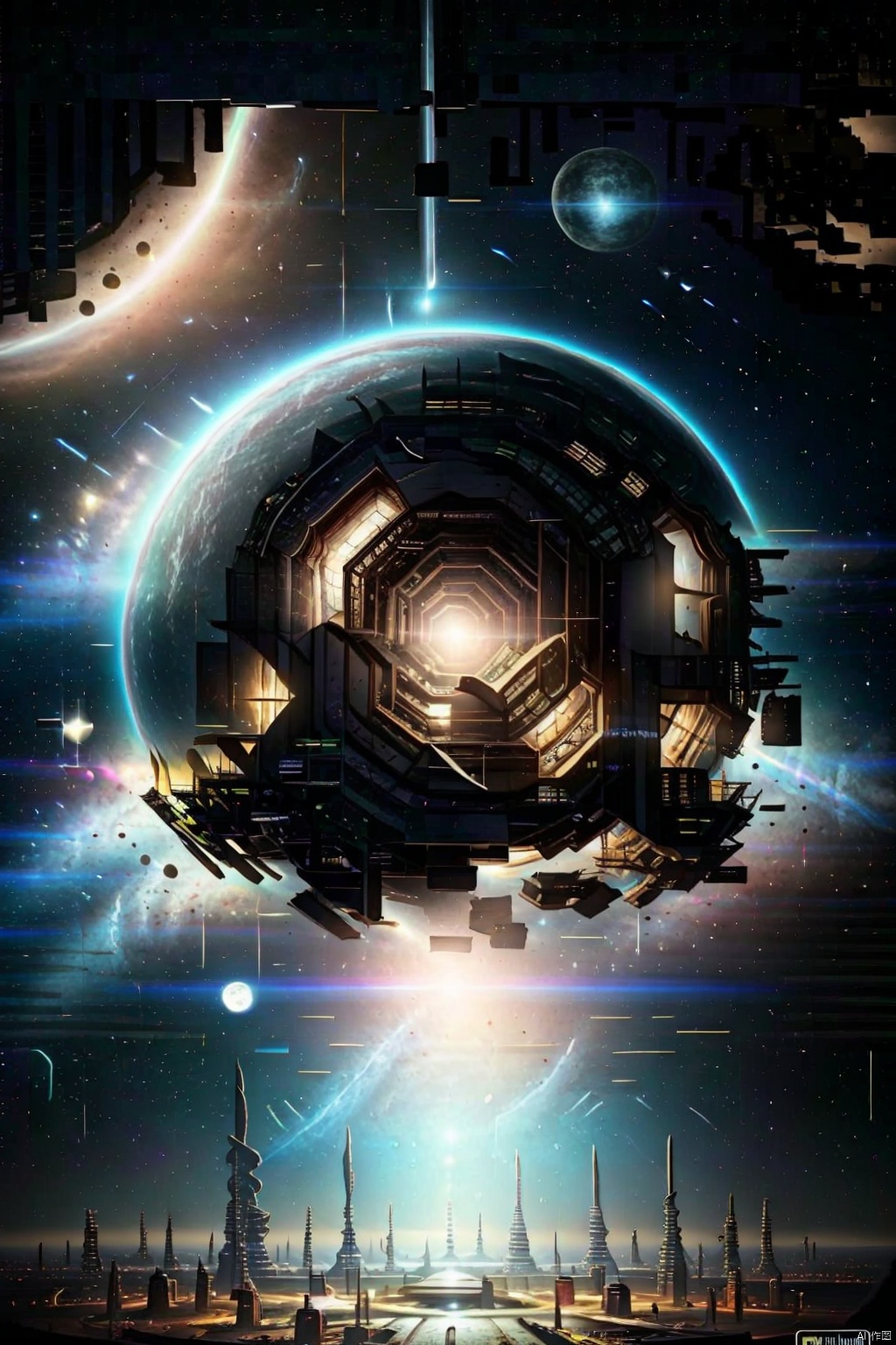 Panorama, sky, no human, night, moon, stars \ (sky \), night sky, scenery, full moon, starry sky, space, planet, universe, starry sky, Cities Floating in the Universe, Sci-Fi Scene 0.5, Holographic Display 0.5, Cosmic Nebula 0.5, Light Digital 0.5, Cyberpunk 0.5, Fantasy Punk 0.5, Sci-Fi Architecture 0.5, Realism 1.4, Cool, Highest Quality, Highest Picture Quality, 8k Resolution, Ultra High Resolution, Detail, ultra-detail, highly detailed, perfect detail
