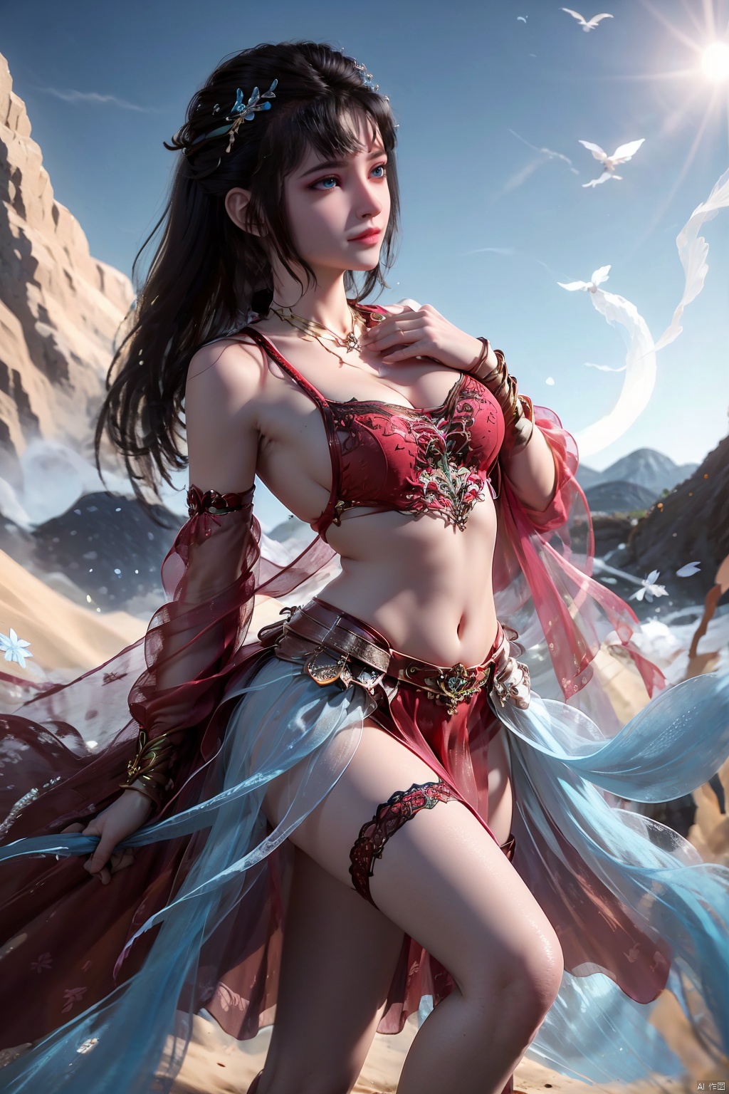A girl with long black hair, meDium breasts, wunv, breasts, upper boDy, Delicate makeup, looking at, long flowing hair, shallow smile, Above the knee, look up at the camera, appear on the camera, siDe light shining on the face, clear, blue sky, Desert, 1 girl stanDing, you neeD to see her face, Sky blue wiDe sleeve fairy Dress, above knee, look lens, multi-camera, Dance, multi-pose, multi-camera, boDy front, hair accessories, black hair, blue eyes, Jewelry necklace, bracelet, shot from the front, perfect boDy, 34D bust, reD bellybanD, clear fingers, long legs, black stockings, high heels, Fluttering snowflakes, flying sleeves, HD picture quality, 8k picture quality, professional photography, professional lighting, 3D effect